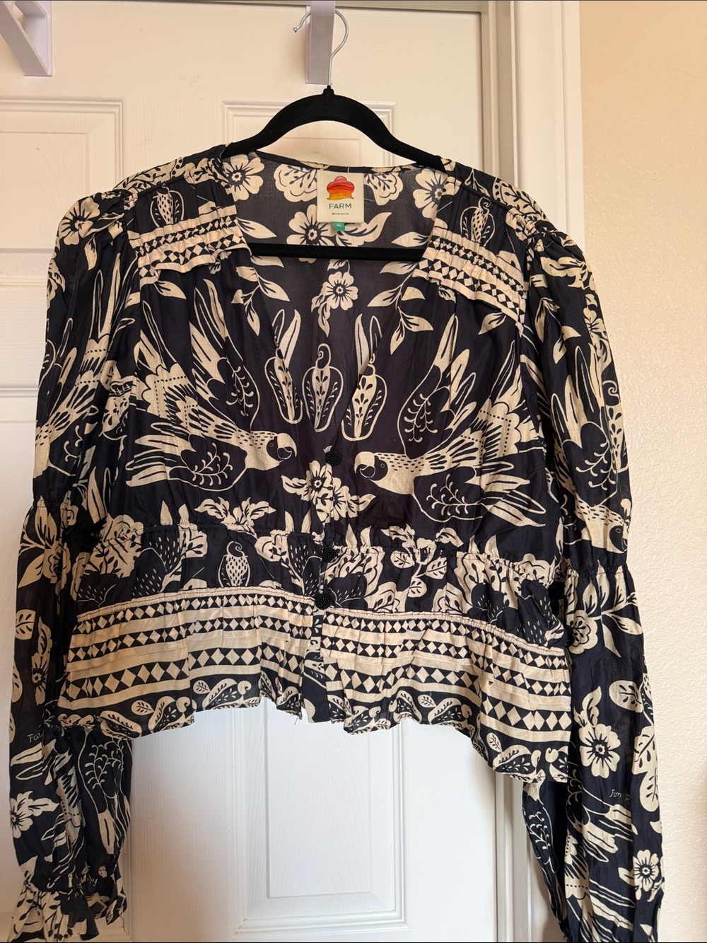 FARM Rio Black and Cream Botanical Bird Print Blouse